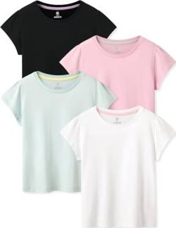 LAPASA Mädchen 4er Pack Baumwoll Kinder T-Shirt Einfarbig 3-13 Jahre/ 95-165, Weiß, Schwarz, Aqua,Baby Pink，9-10 Jahre von LAPASA