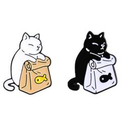 LAPOOH Niedliche Schwarz-WeißE Katze-Emaille-Fisch-Brosche mit Cartoon-Tieren, Metall, Lustige Meme-Anstecknadeln für, Kinder, Frauen, von LAPOOH