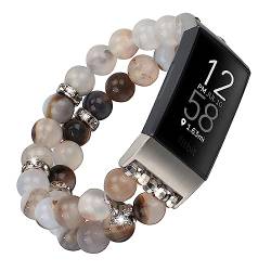 LAREDTREE Kompatibel mit Fitbit Charge 3,Fitbit Charge 4 Armbändern für Damen, elastisches Perlenarmband, Ersatz-Passform, Bit-Charge-3/4-Stunden-Armband, Armband, Armbänder (Grasblumen-Achat) von LAREDTREE
