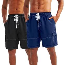 LARGERED 2 Pack Badehose Herren Schnelltrocknend Badeshorts Atmungsaktiv Schwimmhose Strandshorts Boardshorts Kurz Sporthose Trainingshose mit Mesh-Futter,Schwarz Dunkelblau,3XL von LARGERED