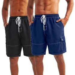 LARGERED 2 Pack Badehose Herren Schnelltrocknend Badeshorts Atmungsaktiv Schwimmhose Strandshorts Boardshorts Kurz Sporthose Trainingshose mit Mesh-Futter,Schwarz Dunkelblau,XXL von LARGERED