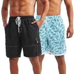 LARGERED 2 Pack Badehose Herren Schnelltrocknend Badeshorts Atmungsaktiv Schwimmhose Strandshorts Boardshorts Kurz Sporthose Trainingshose mit Mesh-Futter,Schwarz Hawaii,L von LARGERED