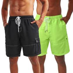 LARGERED 2 Pack Badehose Herren Schnelltrocknend Badeshorts Atmungsaktiv Schwimmhose Strandshorts Boardshorts Kurz Sporthose Trainingshose mit Mesh-Futter,Schwarz Neon Grün,XXL von LARGERED