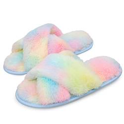 LARGERED Hausschuhe Damen Winter Warme Pantoffeln Memory Foam Plüsch Hausschuhe mit Kreuzband Bequeme rutschfeste Flache Slippers Indoor Outdoor,Flauschige Hausschuhe Regenbogen,Gr.38/39EU von LARGERED