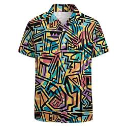 LARSD 80er Jahre Hemden für Herren 90er Jahre Button Up Hemd Vintage Retro Hawaii Strand Hemd Neon Disco Shirt Lustiges Party Hemd, 80er Jahre Geometrisch Gelb, L von LARSD