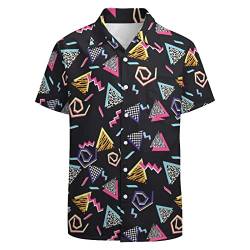 LARSD Herren Hawaiihemd Casual Button Down Kurzarm Party Shirt Gedruckt Funky Aloha Beach Shirt, 80er Jahre Geometric Black, Mittel von LARSD