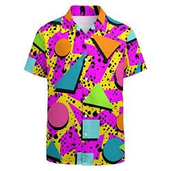 LARSD Herren Hawaiihemd Casual Button Down Kurzarm Party Shirt Gedruckt Funky Aloha Beach Shirt, 80er Jahre Geometric Pink, 3X-Groß von LARSD