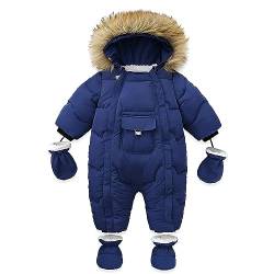 LAT Baby Winter Schneeanzug mit Handschuhen und Schuhen, Unisex Baby Strampler Flanell, Baby Overall Winter mit Kapuze Unisex-Jumpsuit für Jungen Mädchen (L, Dunkelblau) von LAT LEE AND TOWN