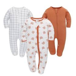 LAT LEE AND TOWN Neugeborenes Baby Jungen Mädchen Strampler mit Fuß Baby Schlafanzug Einteilige Lange Ärmel Overall Säuglings Frühling Herbst Body, 3er-Pack (0-3M, Orange) von LAT LEE AND TOWN