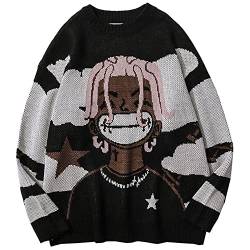LATAHUO Herren Anime Rapper Strickpullover Langarm Rundhalsausschnitt Casual Unisex Hip Hop Harajuku Streetwear Sweatshirt(Schwarz, Large) von LATAHUO