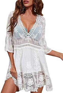 LATH.PIN Strandkleid Damen Sommer Spitze Gestrickte Strandponcho Kurz V-Ausschnitt Langarm Badeanzug Bikini Cover Up Sexy für Urlaub Strand von LATH.PIN