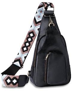 LATIT Sling Bag für Frauen PU Leder Brusttasche Damen Crossbody Tasche Outdoor Wandern Wasserdicht Umhängetasche mit Gitarrengurt (Schwarz), Schwarz von LATIT