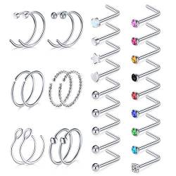 LAURITAMI 32stk Nasenpiercing Nasenring Nasenstecker Set Chirurgischstahl 20G Nase Hoop L-förmiger Piercing Schmuck von LAURITAMI