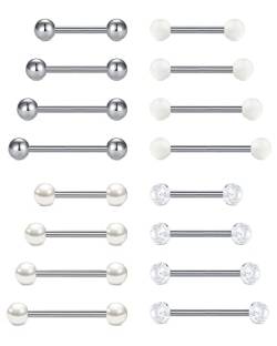 LAURITAMI 8 Paar Zungenpiercing 14G 12/14/16/18mm Stablänge Chirurgenstahl Zunge Brustwarzen Barbell Piercing Straight Bar von LAURITAMI