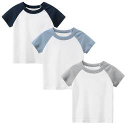 Jungen T-Shirts 3er-Pack Kinder Kurzarmshirts Rundhalsausschnitt Baumwolle Summer Oberteile Tops Marine/Blau/Grau 100 von LAUSONS