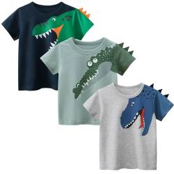 Kinder T-Shirts 3er-Pack Jungen Baumwolle Kurzarm Shirt Rundhalsausschnitt Summer Oberteile Cartoon Dino 100 von LAUSONS