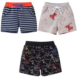 LAUSONS 3er-Pack Kinder Shorts für Jungen Sommer Kurze Hosen Cartoon Muster Baumwolle Kurze Hosen Dinosaurier/Hund/Streifen /122-128/Etikett 130 von LAUSONS