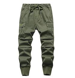 LAUSONS Jungen Cargohose Kinder Cargo Jogginghose Stretch Twill Hosen mit Gummizug Grün DE:128-134 (Herstellergröße 130) von LAUSONS