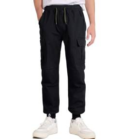 LAUSONS Jungen Cargohose Kinder Cargo Jogginghose Stretch Twill Hosen mit Gummizug Schwarz DE:140-146 (Herstellergröße 140) von LAUSONS