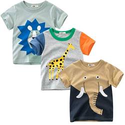 LAUSONS Kinder 3er-Pack T-Shirt Kurzarm Shirt Rundem Ausschnitt Oberteile Cartoon Tiere 128/Etikett130 von LAUSONS