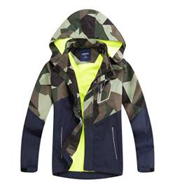 LAUSONS Kinder Gefütterte Regenjacke Jungen Camouflage Wasserdicht Jacke Leichte Übergangsjacke mit Abziehbar Kapuze Armeegrün DE: 116-122 (Herstellergröße 120) von LAUSONS