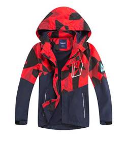 LAUSONS Kinder Gefütterte Regenjacke Jungen Camouflage Wasserdicht Jacke Leichte Übergangsjacke mit Abziehbar Kapuze Rot Camo DE: 134-140 (Herstellergröße 140) von LAUSONS