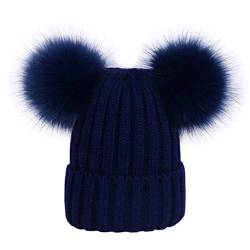 LAUSONS Kinder Kunstfell Bommelmütze Mädchen Winter Strickmütze mit Zwei Bommeln Navy blau von LAUSONS