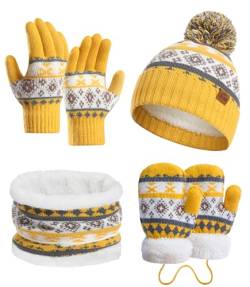 LAUSONS Kinder Mütze Handschuhe Schal Set 4 in 1, Mädchen Jungen Warme Beanie Strickmütze Bommelmütze Fäustlinge und Schlauchschal mit Fleecefutter für 3–8 Jahre Kurkuma von LAUSONS