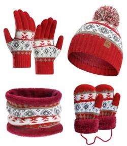 LAUSONS Kinder Mütze Handschuhe Schal Set 4 in 1, Mädchen Jungen Warme Beanie Strickmütze Bommelmütze Fäustlinge und Schlauchschal mit Fleecefutter für 3–8 Jahre Rot von LAUSONS