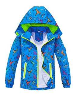 LAUSONS Kinder Regenjacke Kleinkind Übergangsjacke Dinosauriern Wasserdicht Outdoorjacke Winddicht mit Kapuzen Blau DE:140-146 (Herstellergröße 140) von LAUSONS