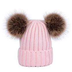 LAUSONS Kinder Wintermütze Mädchen Beanie Strickmütze Bommelmütze Zwei bommel Rosa von LAUSONS