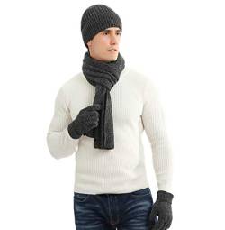 LAUSONS Mütze Schal und Handschuhe Herren mit Fleecefutter Wintermütze Warme Beanie Strickschal und Touchscreen Handschuhe Set Dunkelgrau von LAUSONS