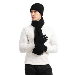 LAUSONS Mütze Schal und Handschuhe Herren mit Fleecefutter Wintermütze Warme Beanie Strickschal und Touchscreen Handschuhe Set Schwarz von LAUSONS