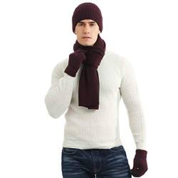 LAUSONS Mütze Schal und Handschuhe Herren mit Fleecefutter Wintermütze Warme Beanie Strickschal und Touchscreen Handschuhe Set Wein von LAUSONS