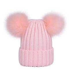 LAUSONS Warme Wintermütze für Damen Beanie Mützen Gerippte Strickmütze mit doppeltem Kunstfellbommel Pink von LAUSONS