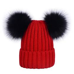 LAUSONS Warme Wintermütze für Damen Beanie Mützen Gerippte Strickmütze mit doppeltem Kunstfellbommel Rot Schwarz von LAUSONS