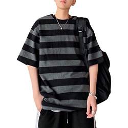 LAVASEON Harajuku Oversize Gestreiftes T-Shirt Langarm Rundhals Casual Passende Paar Streetwear Pullover, Grau (1), Groß von LAVASEON