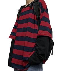 LAVASEON Harajuku Oversized Streifen T-Shirt Langarm Rundhals Casual Matching Paar Streetwear Pullover, Rot/Ausflug, einfarbig (Getaway Solids), Klein von LAVASEON