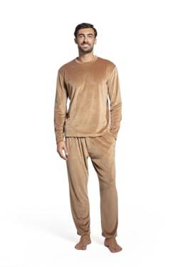LAVENZO Roberto Garino Herren-Schlafanzug aus Fleece, warm, langärmelig, elegant, hergestellt in Italien, zweiteiliger Schlafanzug – Geschenkidee für Jungen, Beige Lv501+502, S von LAVENZO