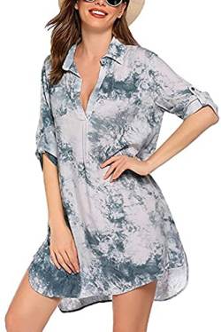 Damen Strand Cover Up Longshirt Bikini Badeanzug Minikleid Beachwear Tunika Top Badeanzug Sommer Urlaub Boho Floral Sundress Gr. L, Krawattenfarbe Grau von LAYAN-B