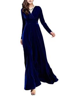 Damen Vintage-Kleid, V-Ausschnitt, Samt, dehnbar, lange Ärmel, einfarbig, Maxi, Party, elegant, figurbetontes Kleid Gr. Medium, königsblau von LAYAN-B
