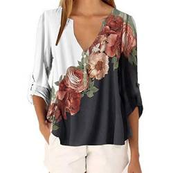 LAYAN-B Damen-Bluse mit V-Ausschnitt, 3/4-Ärmel, Blumendruck, lockerer Knopf, Chiffon-Hemd Gr. XXXXL, weiß von LAYAN-B