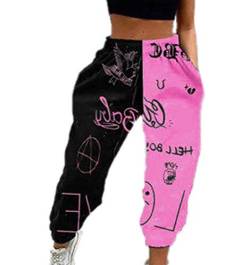 LAYAN-B Damen-Jogginghose mit Stern, Mond, Totenkopfdruck, Nähte, Farbblöcke, lose Strahlfüße, Kordelzug, Hose, Sport, Fitnessstudio, schwarz/pink, S von LAYAN-B