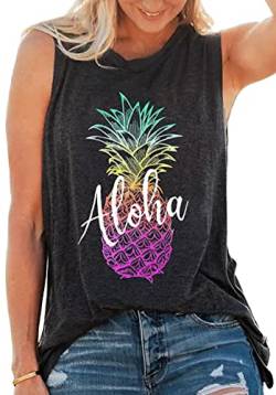 Aloha Strände Ananas Shirt Tank Tops Frauen Ärmel Lustige Grafik Tee Shirts Sommer Urlaub Tops - Grau - Klein von LAZYCHILD