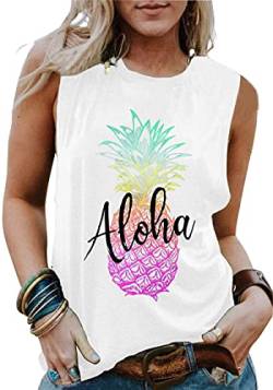 Aloha Strände Ananas Shirt Tank Tops Frauen Ärmel Lustige Grafik Tee Shirts Sommer Urlaub Tops - Weiß - Mittel von LAZYCHILD