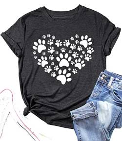 Damen-T-Shirt mit Hundepfoten-Motiv, kurzärmelig, lässig, Rundhalsausschnitt, für Hundeliebhaber, dunkelgrau, Klein von LAZYCHILD