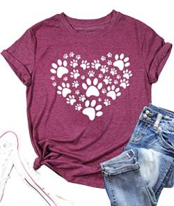 Hundeliebhaber Shirts für Frauen Katze Hund Pfote Grafik Tee Hund Mama Geschenke Mädchen Herz Tops, Violett, Rot, Mittel von LAZYCHILD