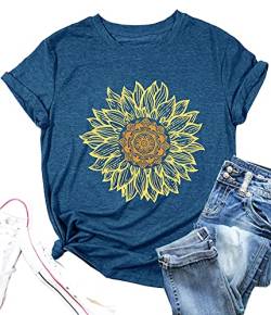 LAZYCHILD Sonnenblumen-Hemden für Damen, Blumen-Grafik-T-Shirts, inspirierende T-Shirts, lässiges Glaubens-Shirt, Tops, Blau, Groß von LAZYCHILD