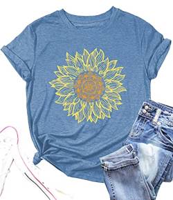 LAZYCHILD Sonnenblumen-Hemden für Damen, Blumen-Grafik-T-Shirts, inspirierende T-Shirts, lässiges Glaubens-Shirt, Tops, Hell, blau, Groß von LAZYCHILD