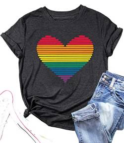 Lesbisches Shirt für Damen Regenbögen Herz Shirt LGBT Herz Liebe Equalitys Gay Prides Shirt, dunkelgrau, Groß von LAZYCHILD
